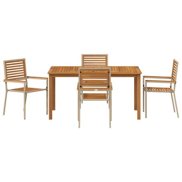 5-teiliges Garten-Essset Beige Poly Rattan Akazie, Stapelgartenstühle mit Kissen - Set aus 2 in Beige Poly Rattan