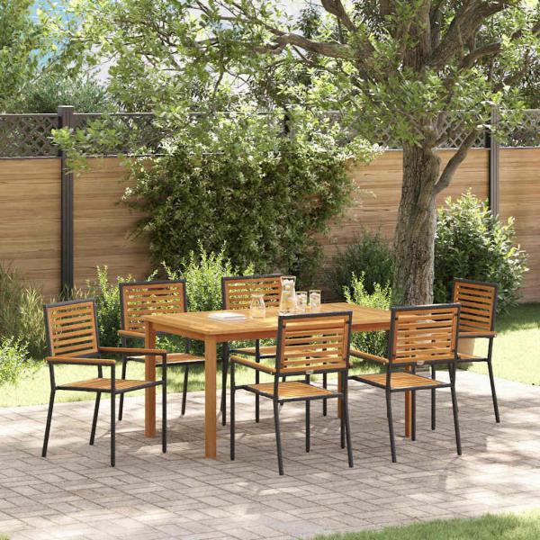 ARDEBO.de - 7-teilige Garten-Essgruppe Schwarz Poly-Rattan Akazie, Stapelbare Gartenstühle mit Kissen 2 Stk Schwarz Poly-Rattan