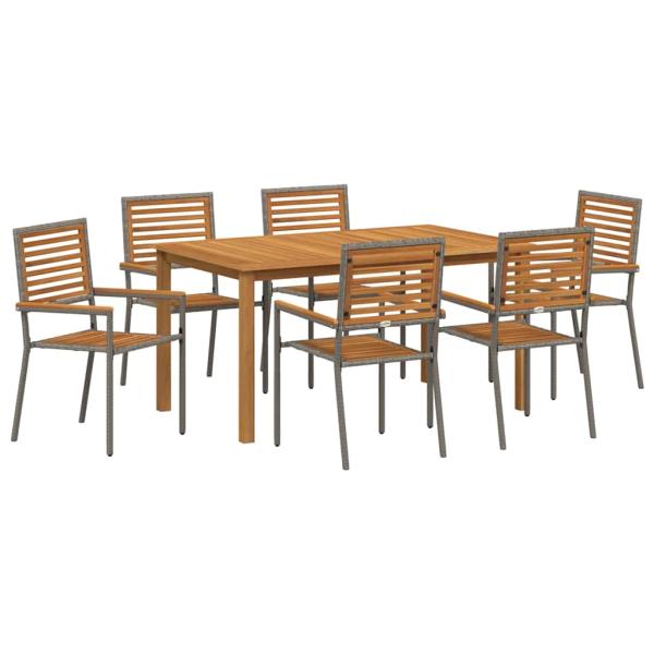 7-teiliges Garten-Essset Grau Poly Rattan Akazie, Stapelbare Gartenstühle mit Kissen 2 Stück Grau Poly Rattan