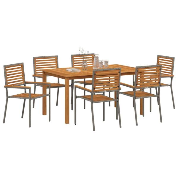 7-teiliges Garten-Essset Grau Poly Rattan Akazie, Stapelbare Gartenstühle mit Kissen 2 Stück Grau Poly Rattan