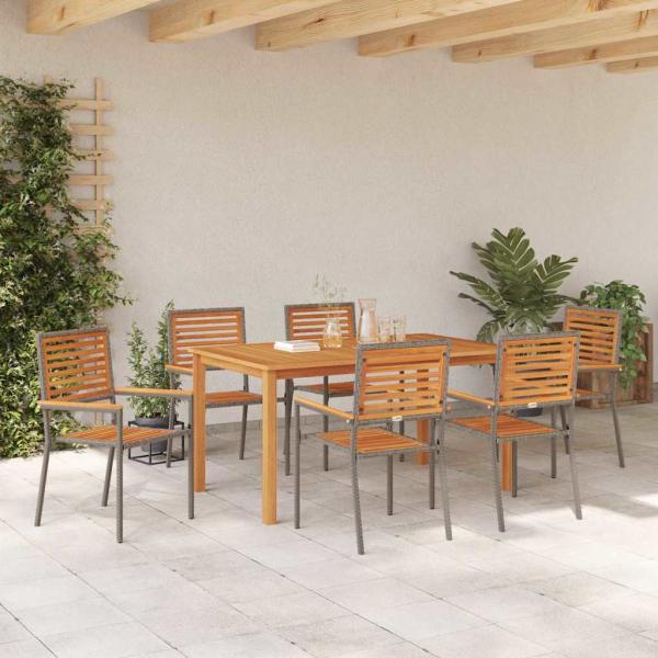 7-teiliges Garten-Essset Grau Poly Rattan Akazie, Stapelbare Gartenstühle mit Kissen 2 Stück Grau Poly Rattan