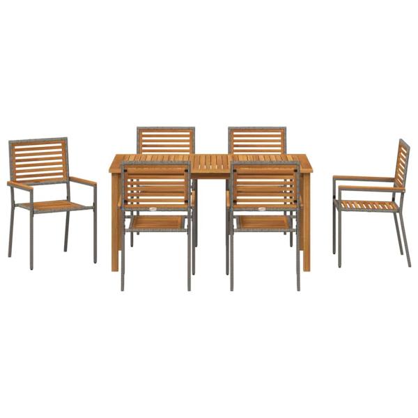 7-teiliges Garten-Essset Grau Poly Rattan Akazie, Stapelbare Gartenstühle mit Kissen 2 Stück Grau Poly Rattan