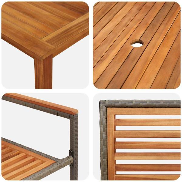 7-teiliges Garten-Essset Grau Poly Rattan Akazie, Stapelbare Gartenstühle mit Kissen 2 Stück Grau Poly Rattan