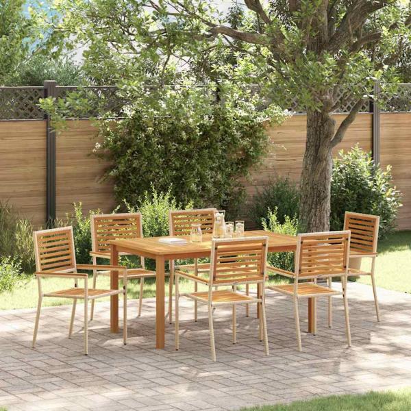 ARDEBO.de - 7-teilige Garten-Essgruppe Beige Poly Rattan Akazie, Stapelbare Gartenstühle mit Kissen - Set aus 2 in Beige Poly Rattan