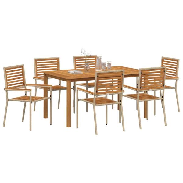7-teilige Garten-Essgruppe Beige Poly Rattan Akazie, Stapelbare Gartenstühle mit Kissen - Set aus 2 in Beige Poly Rattan