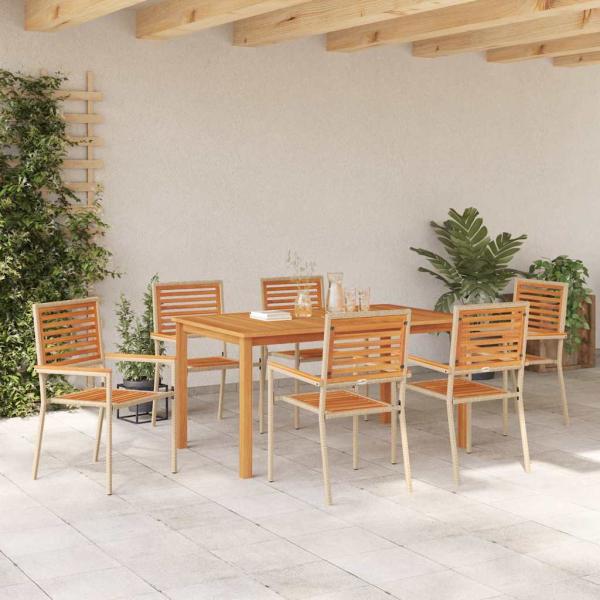 7-teilige Garten-Essgruppe Beige Poly Rattan Akazie, Stapelbare Gartenstühle mit Kissen - Set aus 2 in Beige Poly Rattan