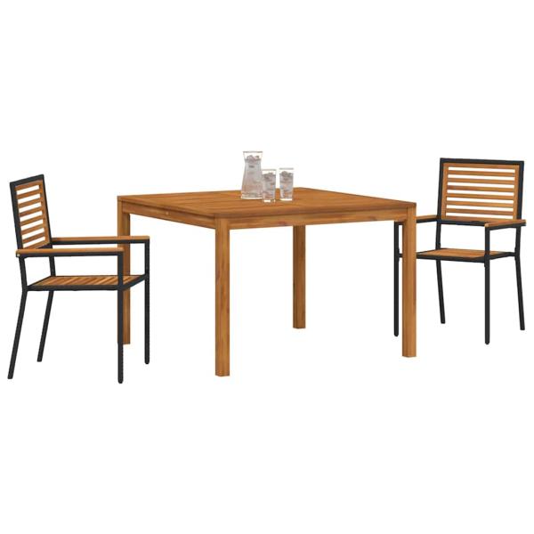 3-teiliges Garten Essset Schwarz Poly-Rattan Akazie, Stapelbare Gartenstühle mit Kissen 2 Stück Schwarz Poly-Rattan