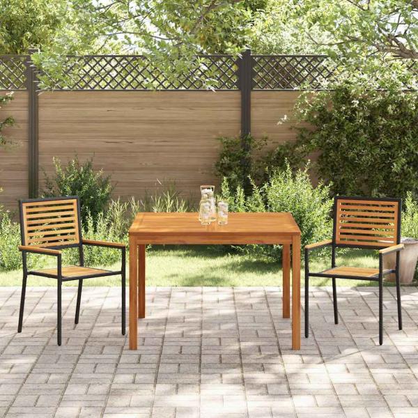 3-teiliges Garten Essset Schwarz Poly-Rattan Akazie, Stapelbare Gartenstühle mit Kissen 2 Stück Schwarz Poly-Rattan