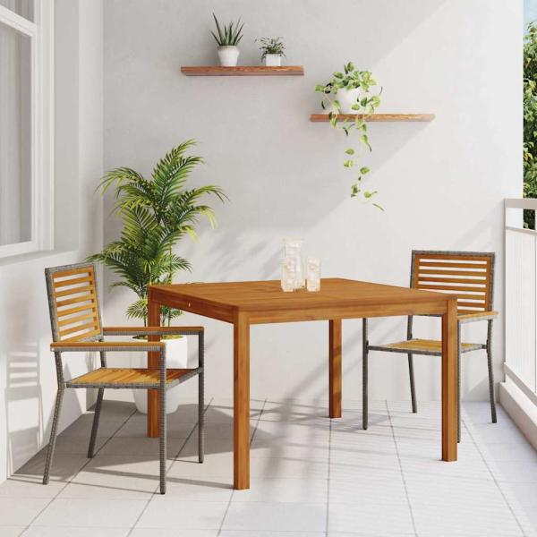 ARDEBO.de - 3-teilige Garten Essgruppe Grau Poly-Rattan Akazie, Stapelbare Gartenstühle mit Kissen 2 Stück Grau Poly-Rattan