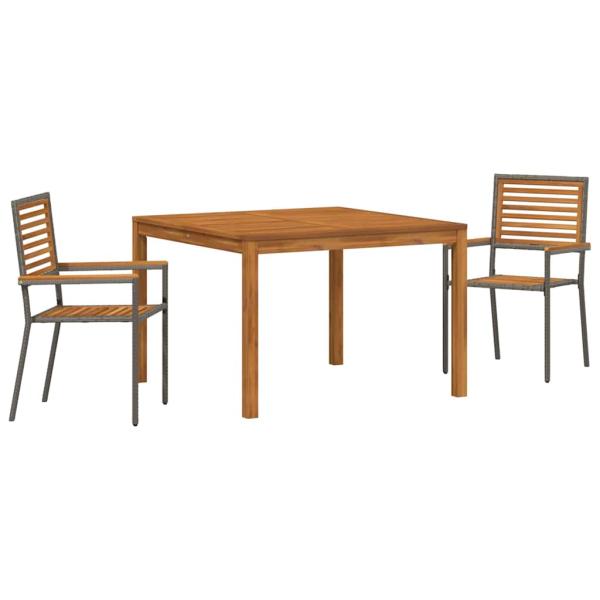 3-teilige Garten Essgruppe Grau Poly-Rattan Akazie, Stapelbare Gartenstühle mit Kissen 2 Stück Grau Poly-Rattan