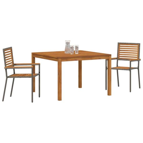 3-teilige Garten Essgruppe Grau Poly-Rattan Akazie, Stapelbare Gartenstühle mit Kissen 2 Stück Grau Poly-Rattan
