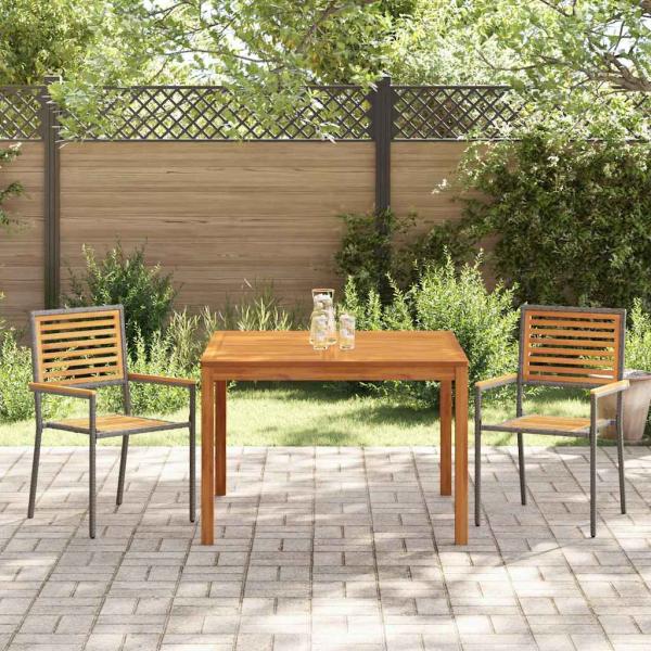 3-teilige Garten Essgruppe Grau Poly-Rattan Akazie, Stapelbare Gartenstühle mit Kissen 2 Stück Grau Poly-Rattan