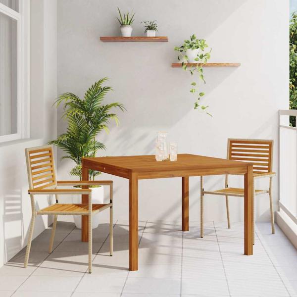 ARDEBO.de - 3-teiliges Garten Essset Beige, Poly-Rattan Akazie, stapelbare Gartenstühle mit Kissen - Set aus 2 in Beige Poly-Rattan