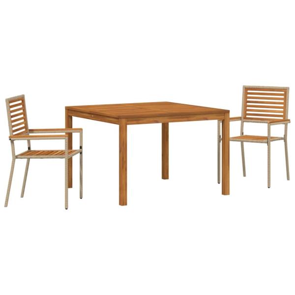 3-teiliges Garten Essset Beige, Poly-Rattan Akazie, stapelbare Gartenstühle mit Kissen - Set aus 2 in Beige Poly-Rattan