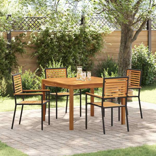 ARDEBO.de - 5-teiliges Garten Esszimmer Set Schwarzes Poly Rattan Akazie, Stapelbare Gartenstühle mit Kissen 2 Stück Schwarzes Poly Rattan