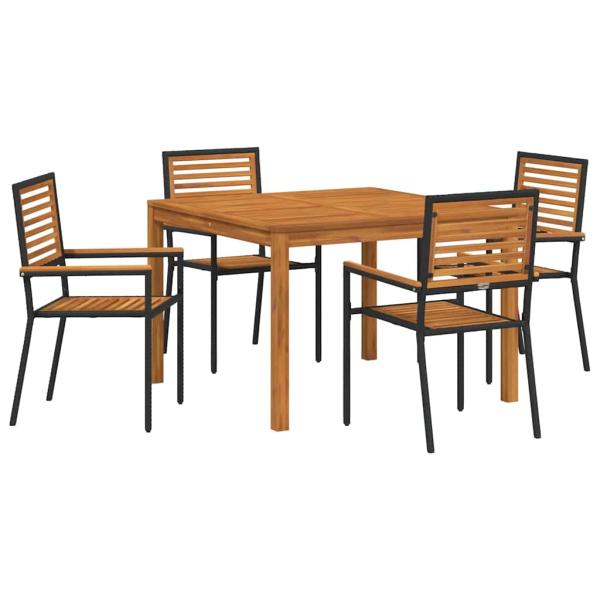 5-teiliges Garten Esszimmer Set Schwarzes Poly Rattan Akazie, Stapelbare Gartenstühle mit Kissen 2 Stück Schwarzes Poly Rattan