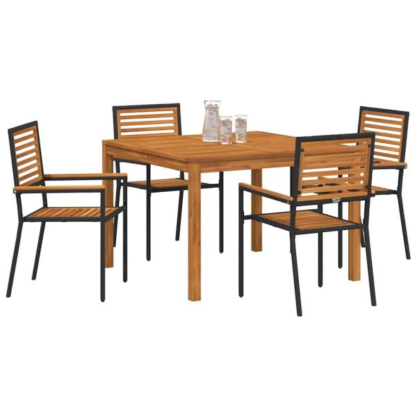 5-teiliges Garten Esszimmer Set Schwarzes Poly Rattan Akazie, Stapelbare Gartenstühle mit Kissen 2 Stück Schwarzes Poly Rattan