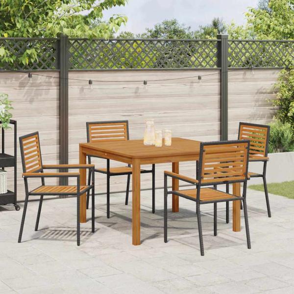 5-teiliges Garten Esszimmer Set Schwarzes Poly Rattan Akazie, Stapelbare Gartenstühle mit Kissen 2 Stück Schwarzes Poly Rattan
