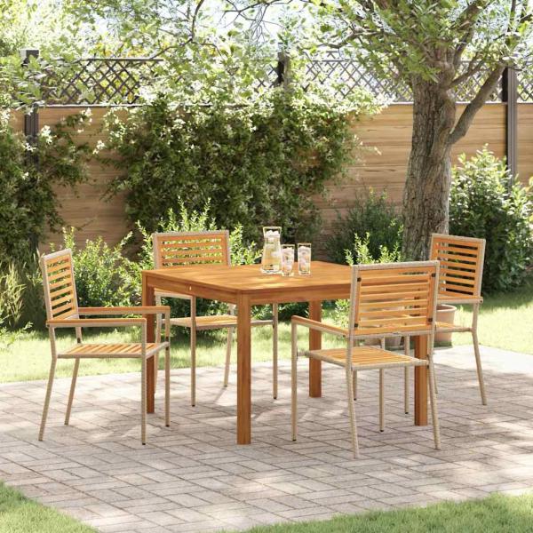 ARDEBO.de - 5-teiliges Garten-Esstischset Beige Poly-Rattan Akazie, Stapelbare Gartenstühle mit Kissen - Set von 2 in Beige Poly-Rattan