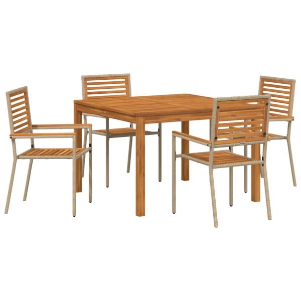 5-teiliges Garten-Esstischset Beige Poly-Rattan Akazie, Stapelbare Gartenstühle mit Kissen - Set von 2 in Beige Poly-Rattan