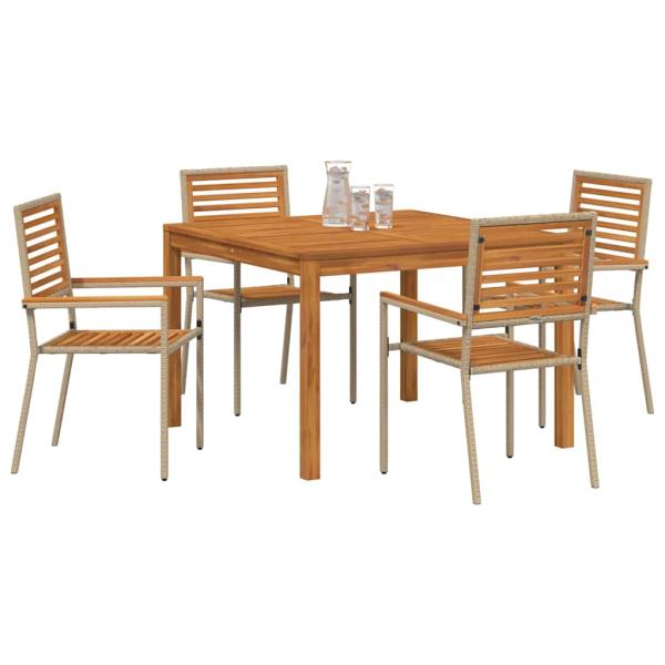 5-teiliges Garten-Esstischset Beige Poly-Rattan Akazie, Stapelbare Gartenstühle mit Kissen - Set von 2 in Beige Poly-Rattan