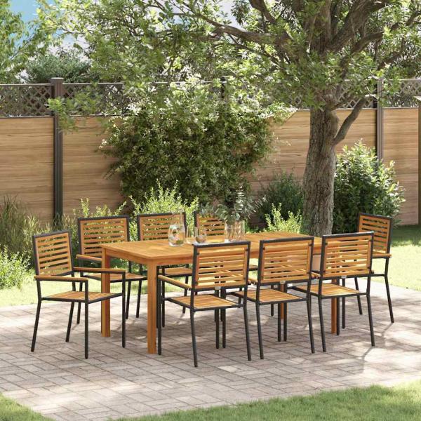 ARDEBO.de - 9-teiliges Garten-Essset Schwarz Poly Rattan Akazie, Stapelbare Gartenstühle mit Kissen 2 Stück Schwarz Poly Rattan