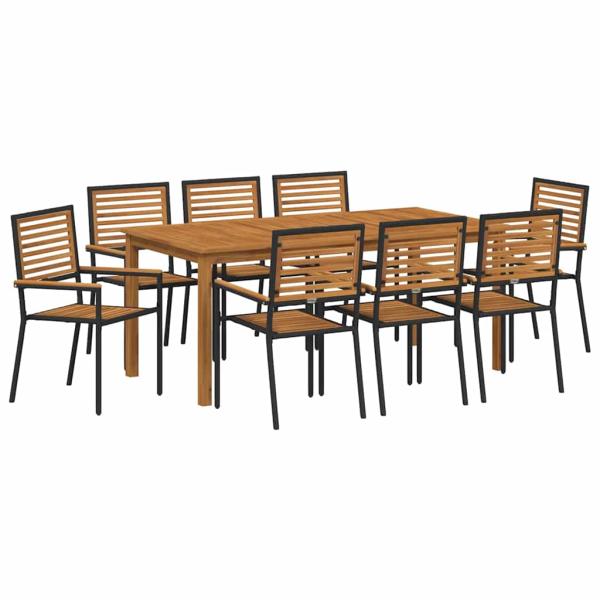 9-teiliges Garten-Essset Schwarz Poly Rattan Akazie, Stapelbare Gartenstühle mit Kissen 2 Stück Schwarz Poly Rattan