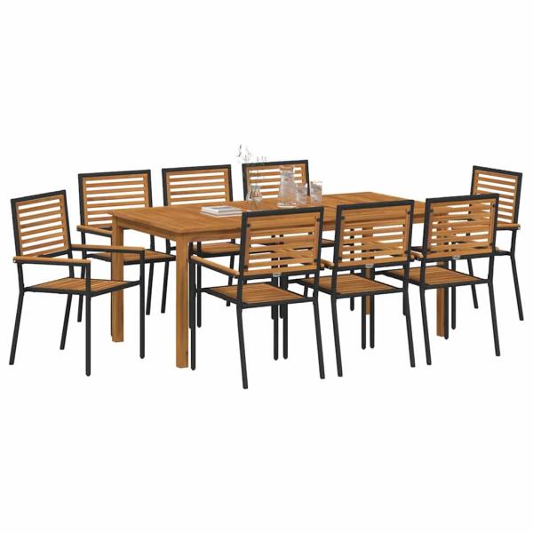 9-teiliges Garten-Essset Schwarz Poly Rattan Akazie, Stapelbare Gartenstühle mit Kissen 2 Stück Schwarz Poly Rattan