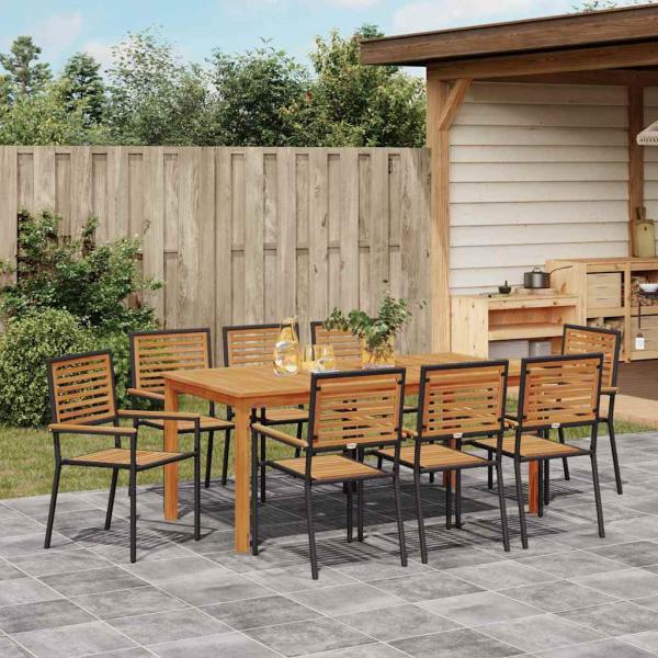 9-teiliges Garten-Essset Schwarz Poly Rattan Akazie, Stapelbare Gartenstühle mit Kissen 2 Stück Schwarz Poly Rattan