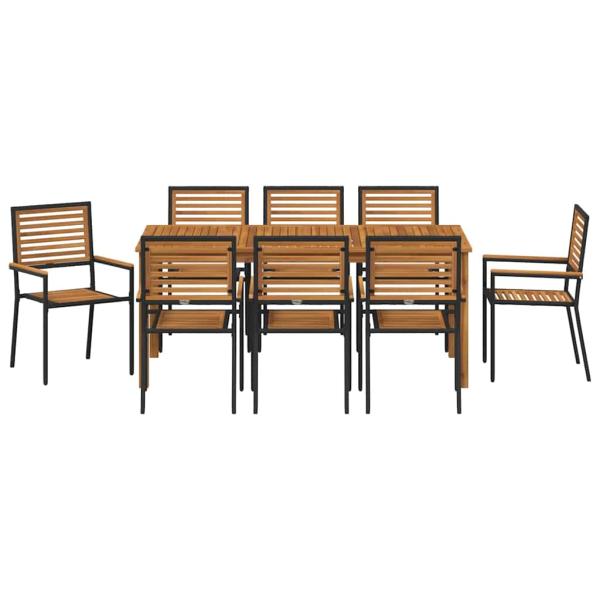 9-teiliges Garten-Essset Schwarz Poly Rattan Akazie, Stapelbare Gartenstühle mit Kissen 2 Stück Schwarz Poly Rattan