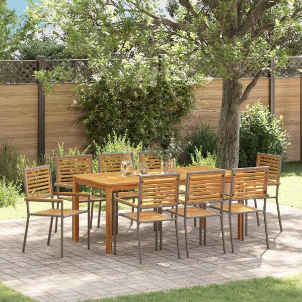 ARDEBO.de - 9-teiliges Garten Esszimmer Set Grau Poly Rattan Akazie, Stapelbare Gartenstühle mit Kissen 2 Stk Grau Poly Rattan