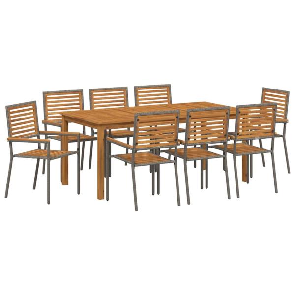 9-teiliges Garten Esszimmer Set Grau Poly Rattan Akazie, Stapelbare Gartenstühle mit Kissen 2 Stk Grau Poly Rattan