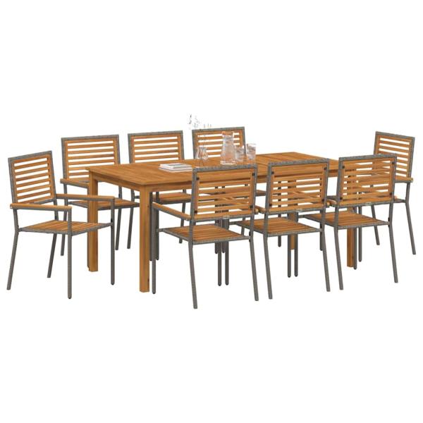 9-teiliges Garten Esszimmer Set Grau Poly Rattan Akazie, Stapelbare Gartenstühle mit Kissen 2 Stk Grau Poly Rattan