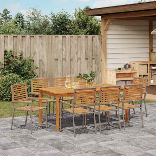 9-teiliges Garten Esszimmer Set Grau Poly Rattan Akazie, Stapelbare Gartenstühle mit Kissen 2 Stk Grau Poly Rattan
