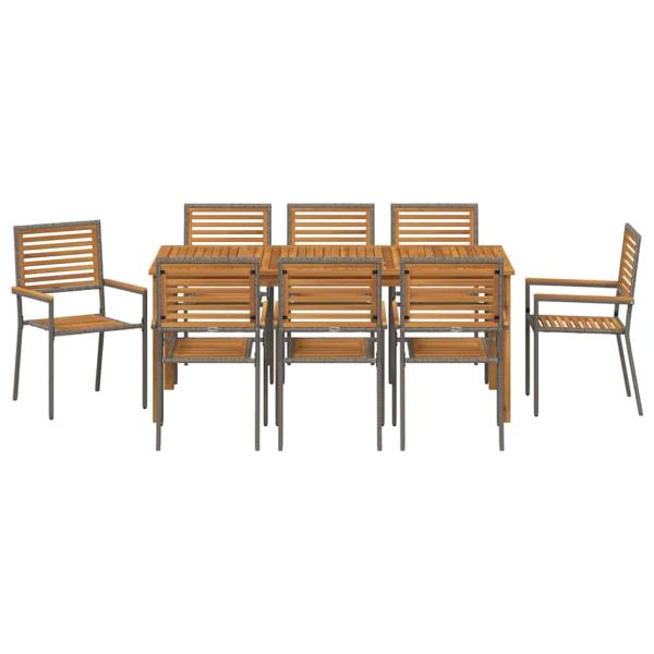 9-teiliges Garten Esszimmer Set Grau Poly Rattan Akazie, Stapelbare Gartenstühle mit Kissen 2 Stk Grau Poly Rattan