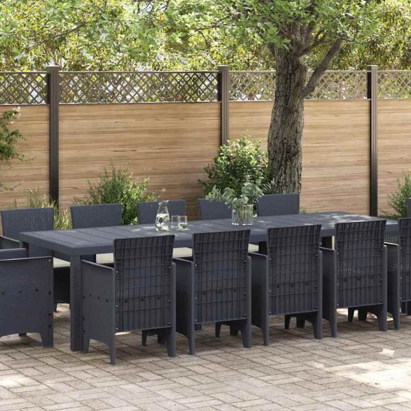 ARDEBO.de - 13-teiliges Garten-Essset mit Kissen in Anthrazit aus Poly-Rattan, Gartentisch in Anthrazit 150x100x73 cm aus Poly-Rattan, Gartenstühle mit Kissen, 4 Stück in Anthrazit aus Poly-Rattan