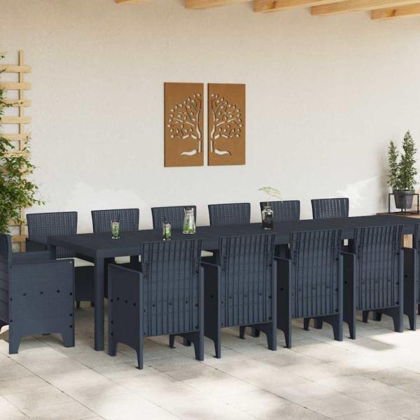 15-teiliges Garten Essgruppe mit Kissen Anthrazit Poly-Rattan, Gartentisch Anthrazit 200x100x73 cm Poly-Rattan, Gartentisch Anthrazit 150x100x73 cm Poly-Rattan, Gartenstühle mit Kissen 2 Stück Anthrazit Poly-Rattan, Gartenstühle mit Kissen 4 Stück Anthraz