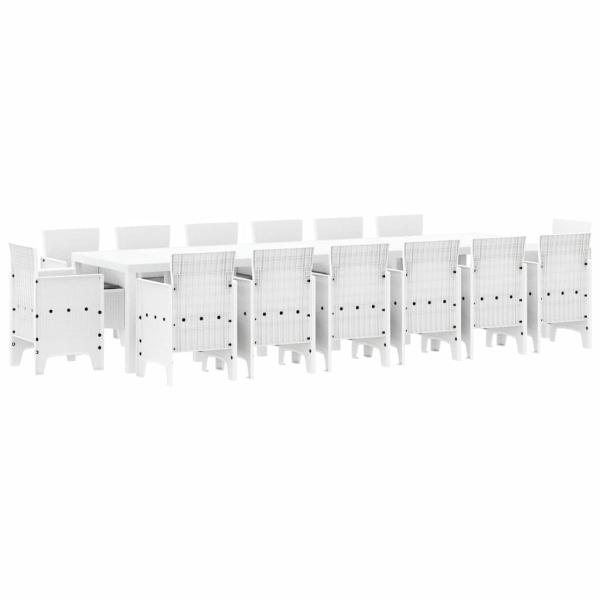 15-teiliges Garten Esszimmer Set mit Kissen Weiß Poly Rattan, Gartentisch Weiß 200x100x73 cm Poly Rattan, Gartentisch Weiß 150x100x73 cm Poly Rattan, Gartenstühle mit Kissen 2 Stück Weiß Poly Rattan, Gartenstühle mit Kissen 4 Stück Weiß Poly Rattan