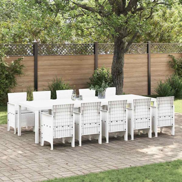ARDEBO.de - 11-teiliges Garten-Essgruppe mit Kissen Weiß Poly-Rattan, Gartentisch Weiß 150x100x73 cm Poly-Rattan, Gartenstühle mit Kissen 2 Stück Weiß Poly-Rattan, Gartenstühle mit Kissen 4 Stück Weiß Poly-Rattan