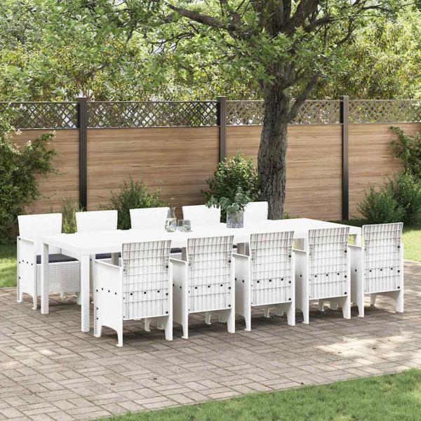 ARDEBO.de - 11-teiliges Gartendining-Set mit Kissen Weiß Poly-Rattan, Gartentisch Weiß 150x100x73 cm Poly-Rattan, Gartenstühle mit Kissen 2 Stk Weiß Poly-Rattan, Gartenstühle mit Kissen 4 Stk Weiß Poly-Rattan