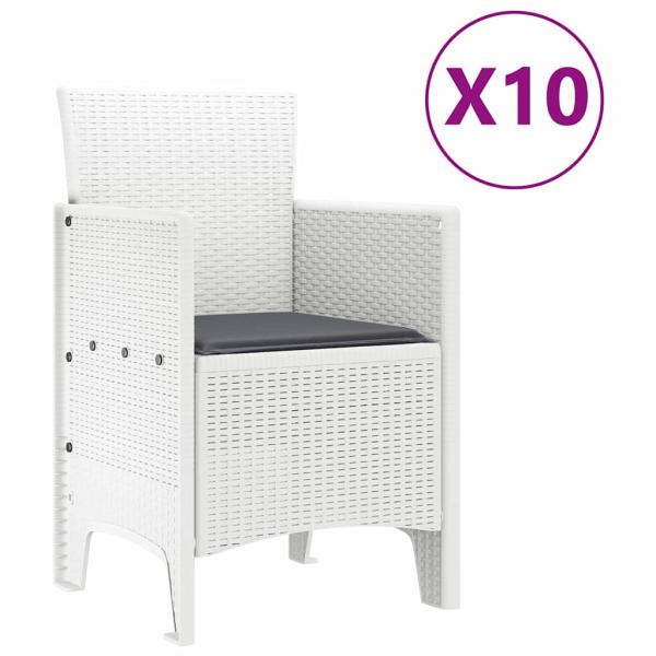 11-teiliges Gartendining-Set mit Kissen Weiß Poly-Rattan, Gartentisch Weiß 150x100x73 cm Poly-Rattan, Gartenstühle mit Kissen 2 Stk Weiß Poly-Rattan, Gartenstühle mit Kissen 4 Stk Weiß Poly-Rattan