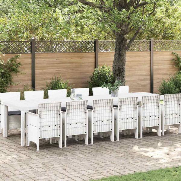 ARDEBO.de - 13-teilige Garten Essgruppe mit Kissen Weiß Poly Rattan, Gartentisch Weiß 200x100x73 cm Poly Rattan, Gartentisch Weiß 150x100x73 cm Poly Rattan, Gartenstühle mit Kissen 4 Stück Weiß Poly Rattan