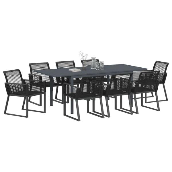 9-teiliges Garten Esszimmer Set Schwarz Poly Rattan, Erweiterbarer Gartentisch Anthrazit (140-210)x90x73 cm Stahl