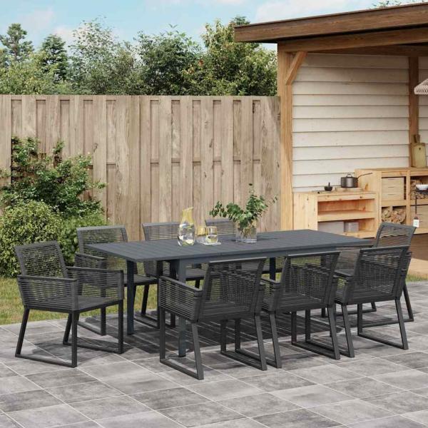 9-teiliges Garten Esszimmer Set Schwarz Poly Rattan, Erweiterbarer Gartentisch Anthrazit (140-210)x90x73 cm Stahl