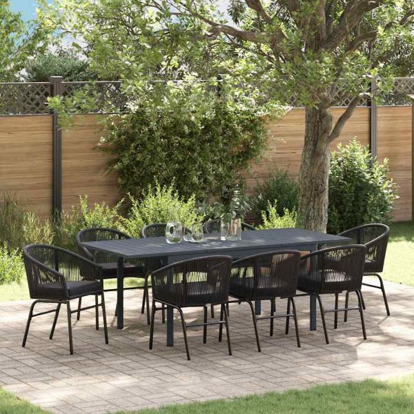 ARDEBO.de - 10-teiliges Garten-Essset mit Kissen aus schwarzem Poly-Rattan, Ausziehbarer Gartentisch Anthrazit (140-210)x90x73 cm aus Stahl