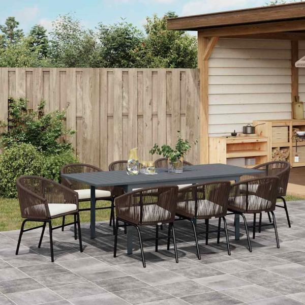 10-teiliges Garten Essset mit Kissen Braunes Poly-Rattan, Ausziehbarer Gartentisch Anthrazit (140-210)x90x73 cm Stahl