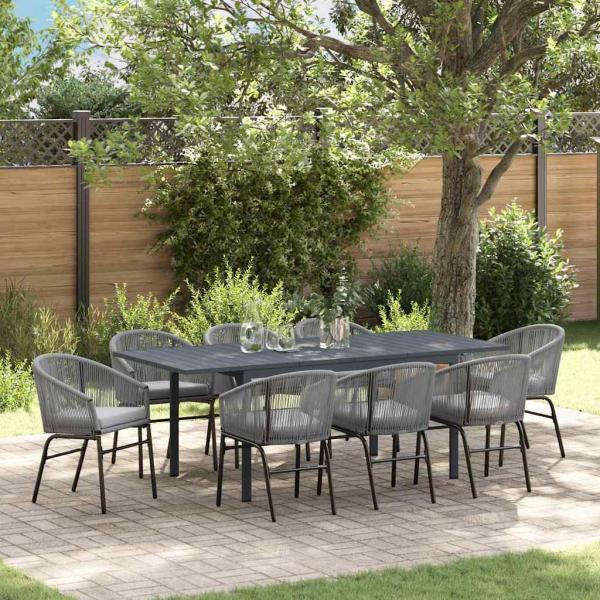 ARDEBO.de - 10-teiliges Garten-Esstisch-Set mit Kissen, graues Poly-Rattan, Ausziehbarer Gartentisch Anthrazit (140-210)x90x73 cm Stahl