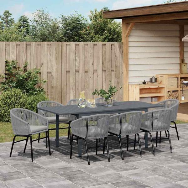 10-teiliges Garten-Esstisch-Set mit Kissen, graues Poly-Rattan, Ausziehbarer Gartentisch Anthrazit (140-210)x90x73 cm Stahl