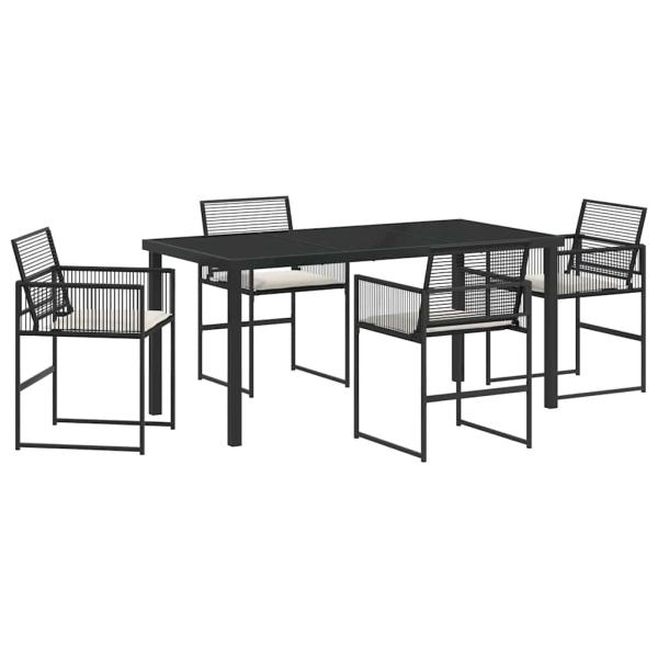 5-teiliges Garten-Esszimmer-Set mit Kissen - Schwarzer Poly-Rattan