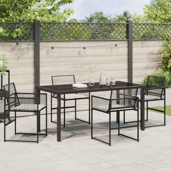 5-teiliges Garten-Esszimmer-Set mit Kissen - Schwarzer Poly-Rattan